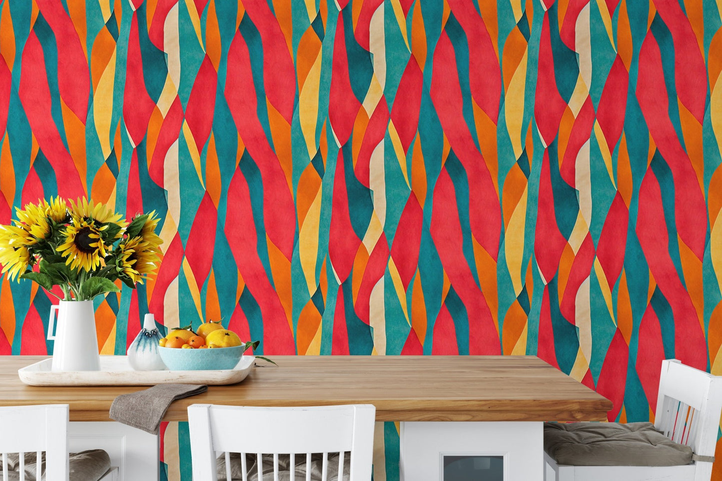 Artistic Dyed Striped Wall mural on a dining room wall with wooden furniture.