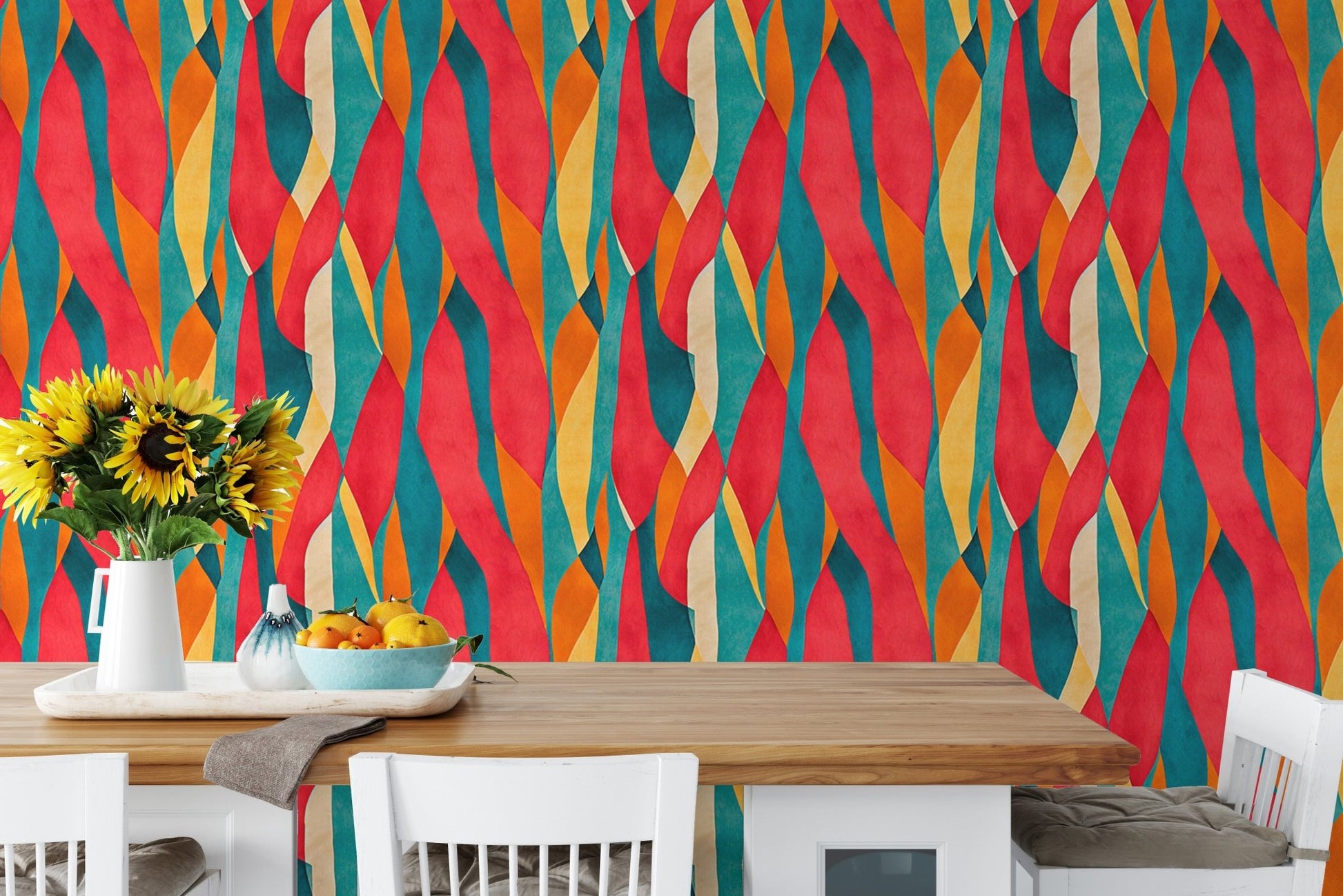 Artistic Dyed Striped Wall mural on a dining room wall with wooden furniture.