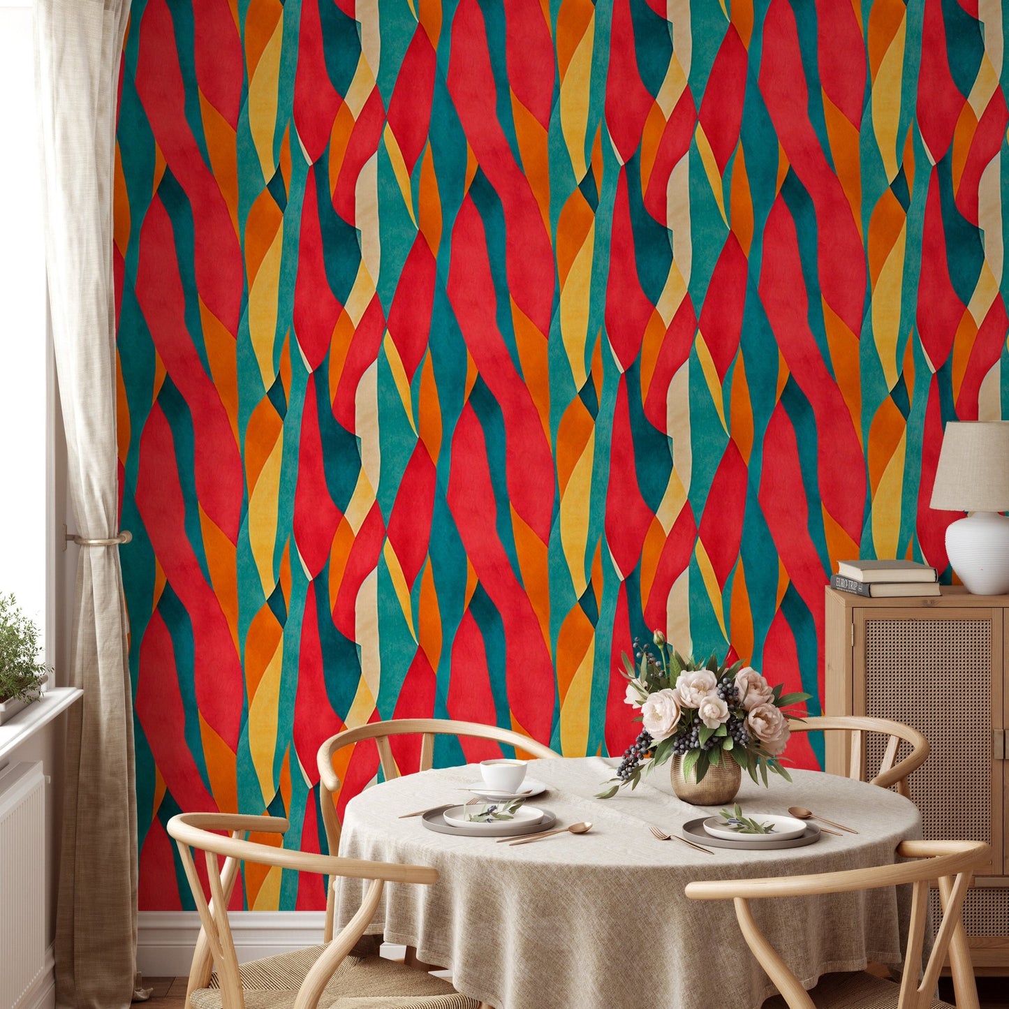 Colorful Irregular Artistic Dyed Striped Wall mural in a dining space with round table.