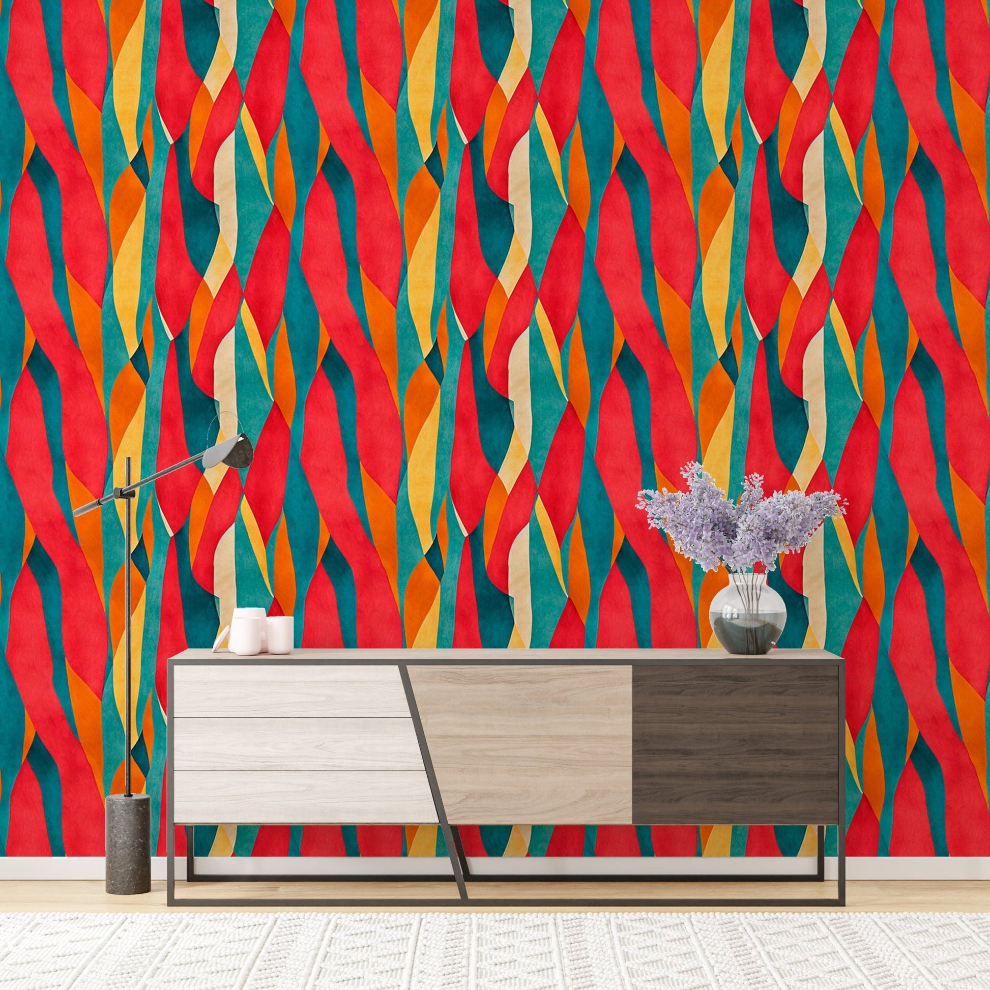 Modern artistic wall mural on a wall with a geometric wooden console table.