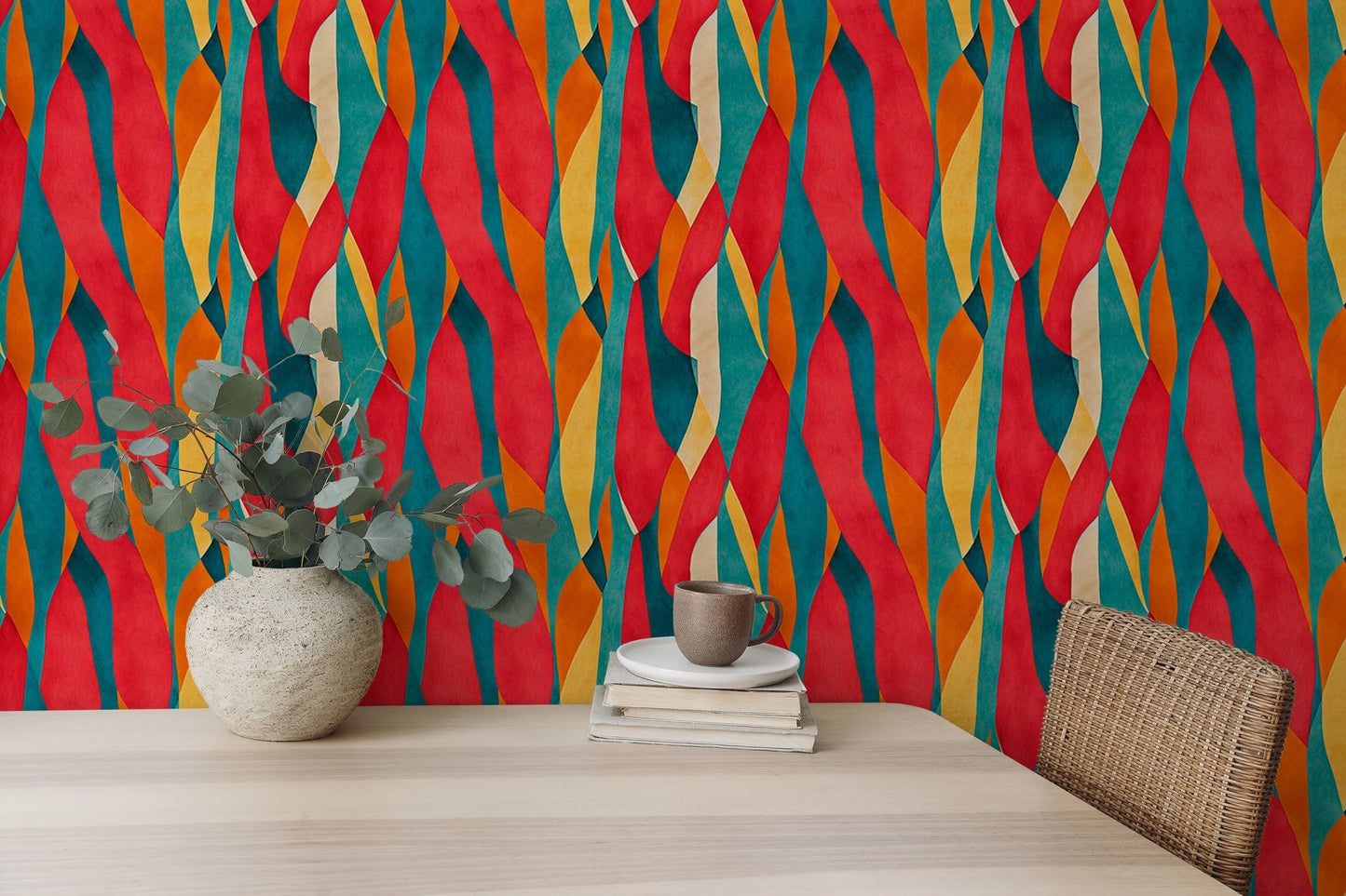 Artistic Dyed Striped Wall mural behind a desk with green plants and books.