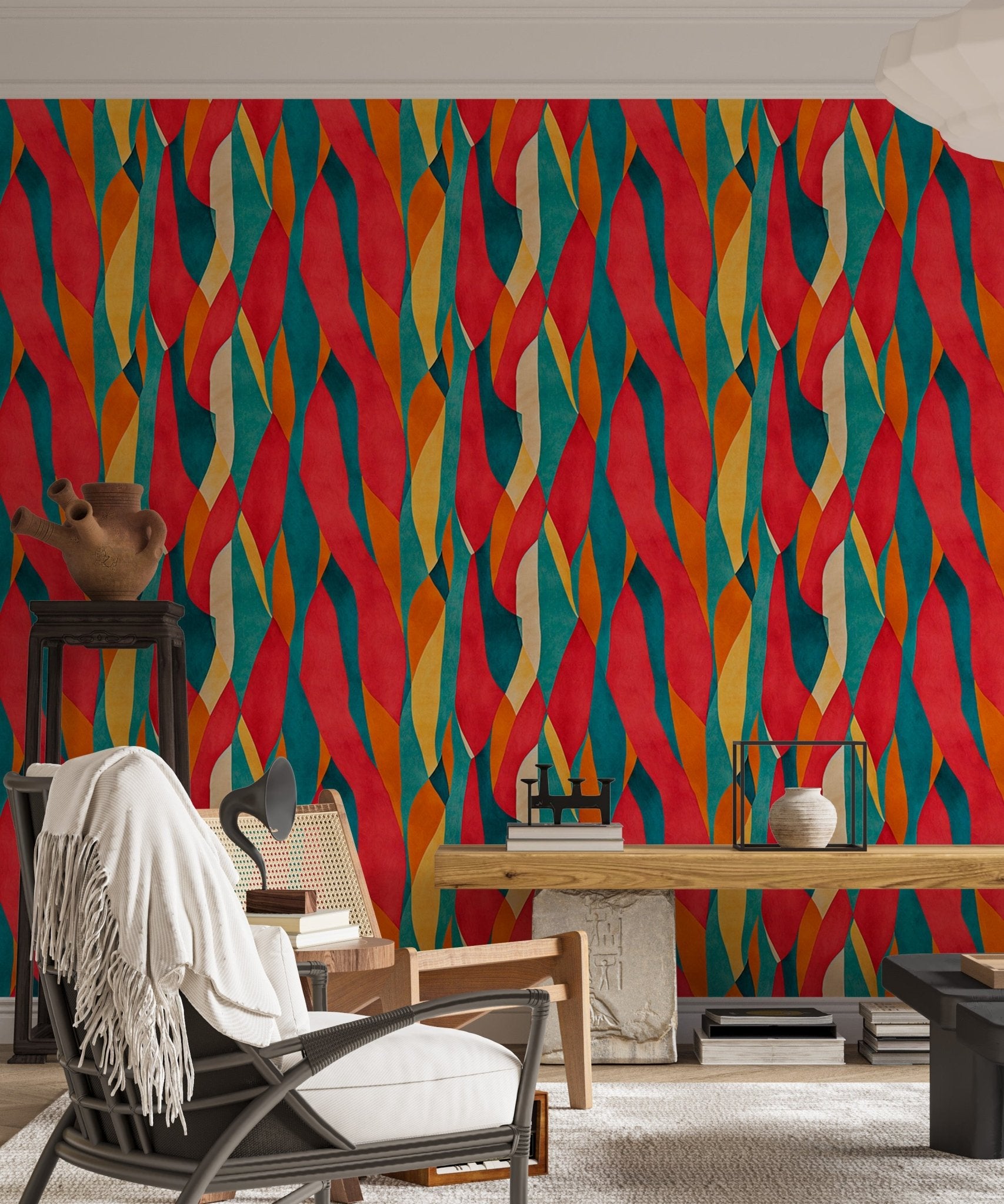 Vertical striped pattern wall mural in a living area with a white armchair and desk.