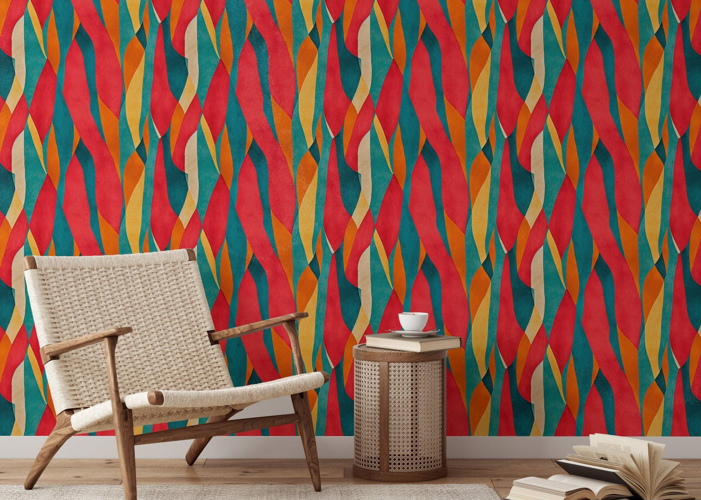 Striped wall mural in a seating area with a light wood chair and side table.