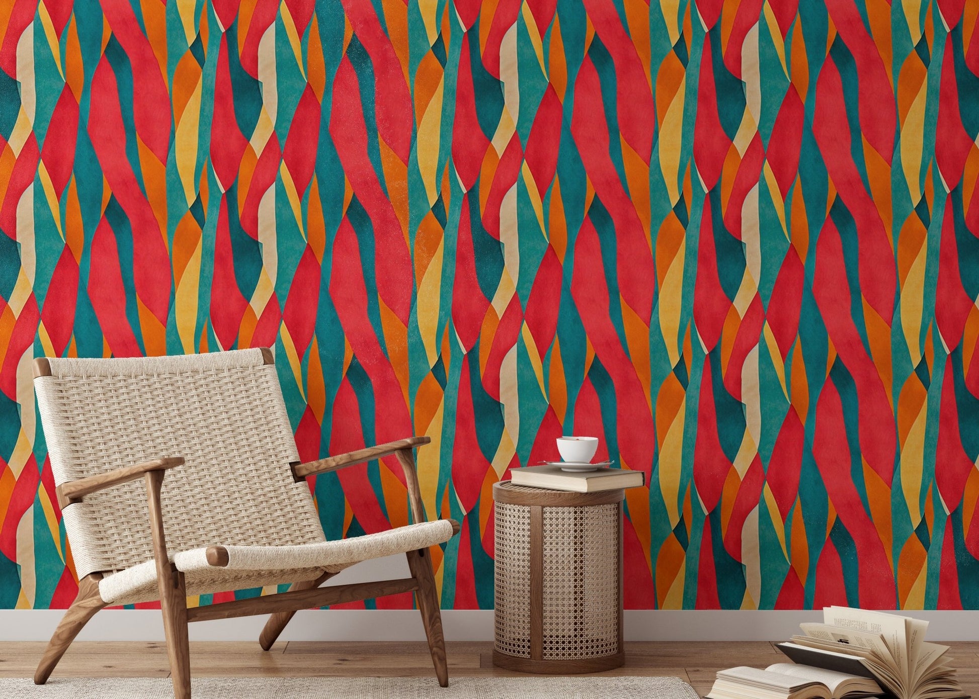 Striped wall mural in a seating area with a light wood chair and side table.