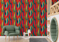 Vibrant striped wall mural behind a green armchair and white rocking horse.