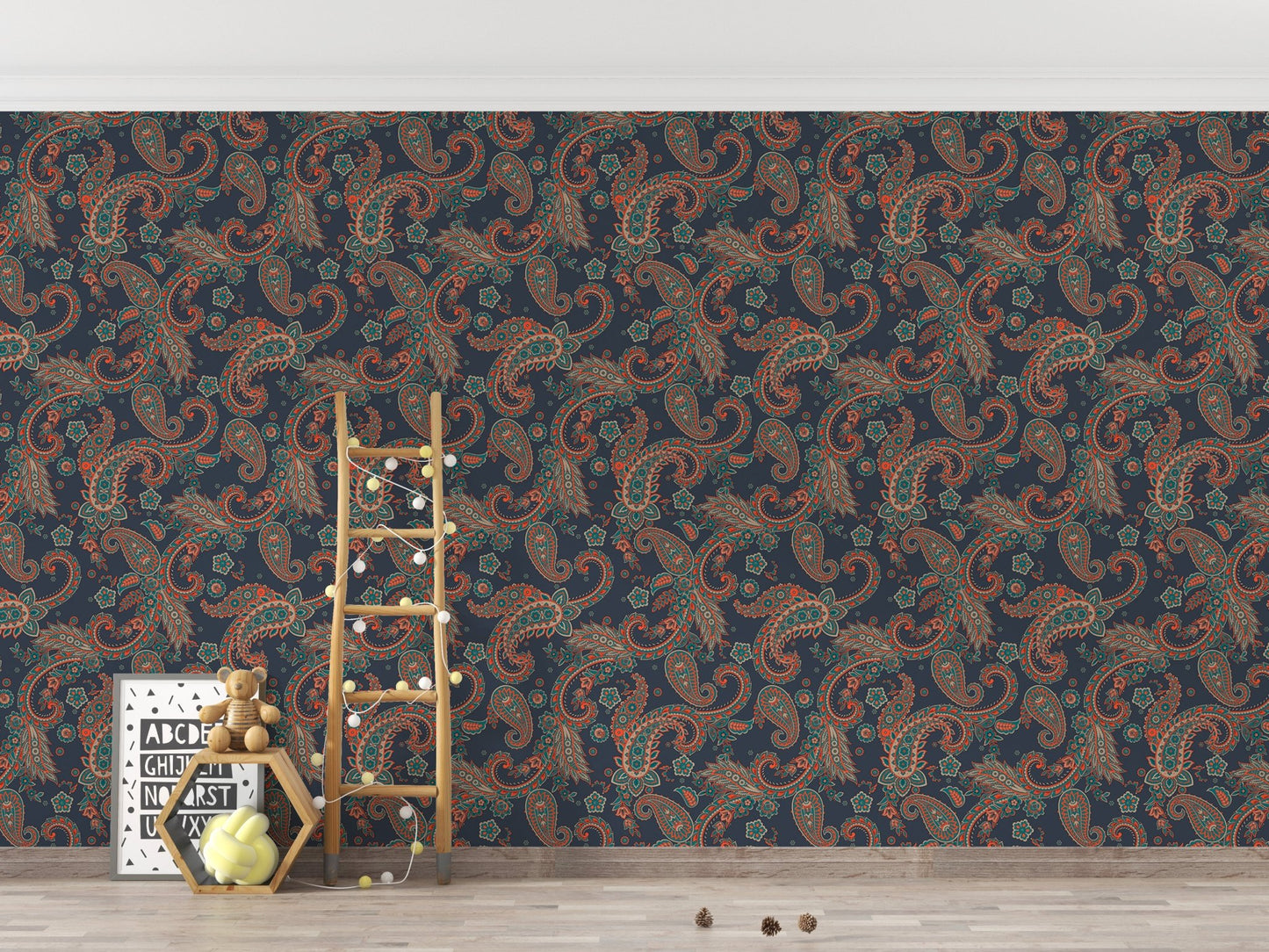 Large wallpaper featuring blue and orange kalamkari art in a wide kids area.