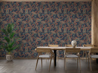 Large scale wallpaper in a dining space with a wooden table and black chairs.