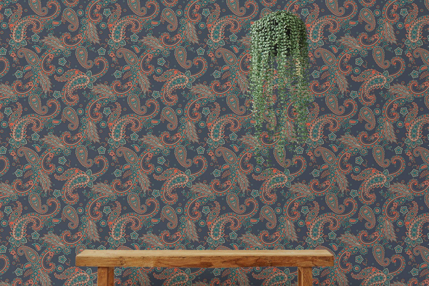 Traditional seamless wallpaper applied to a feature wall behind a wooden bench and plant.