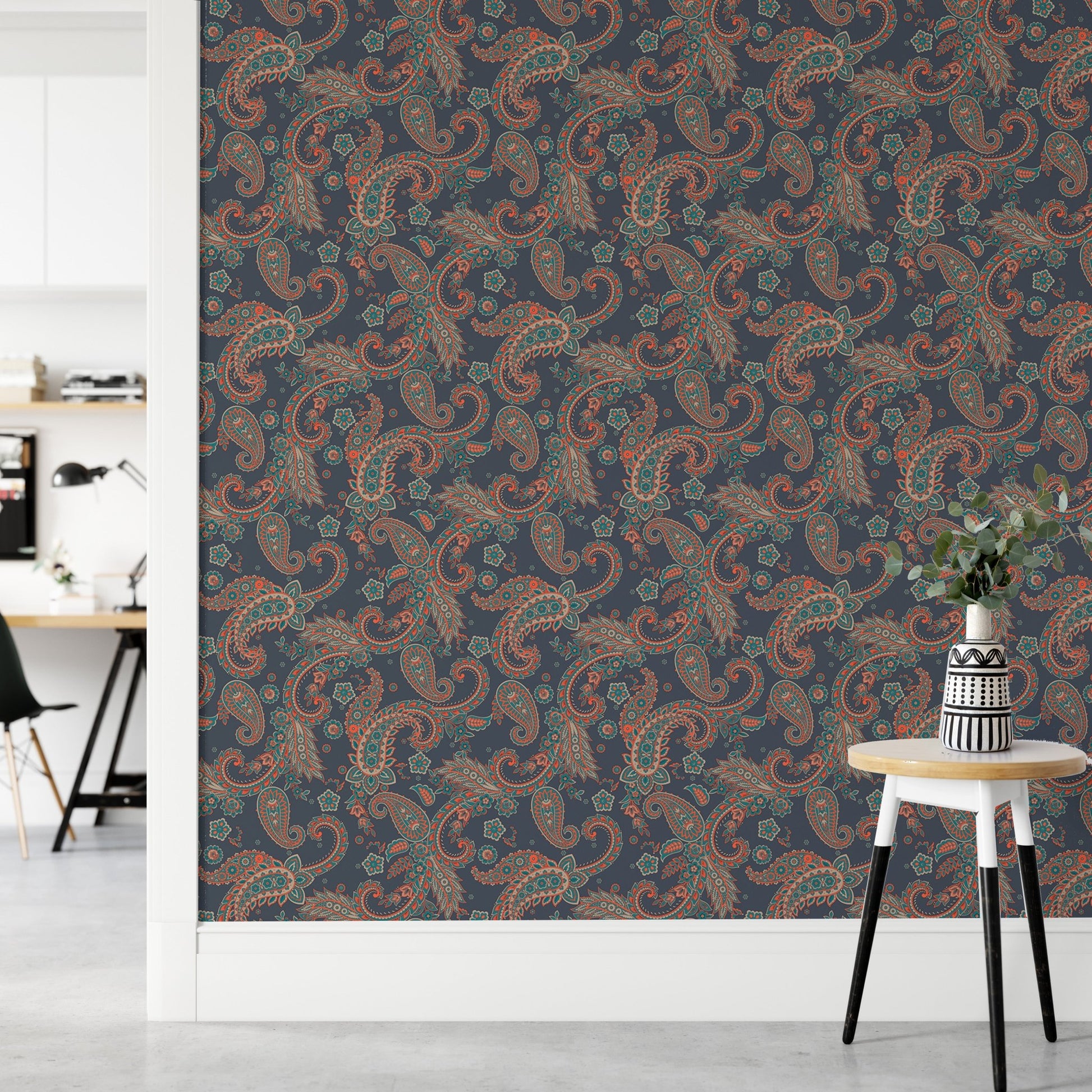 Vertical seamless wallpaper with intricate floral motifs in a minimalist hallway.