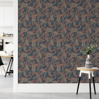 Vertical seamless wallpaper with intricate floral motifs in a minimalist hallway.