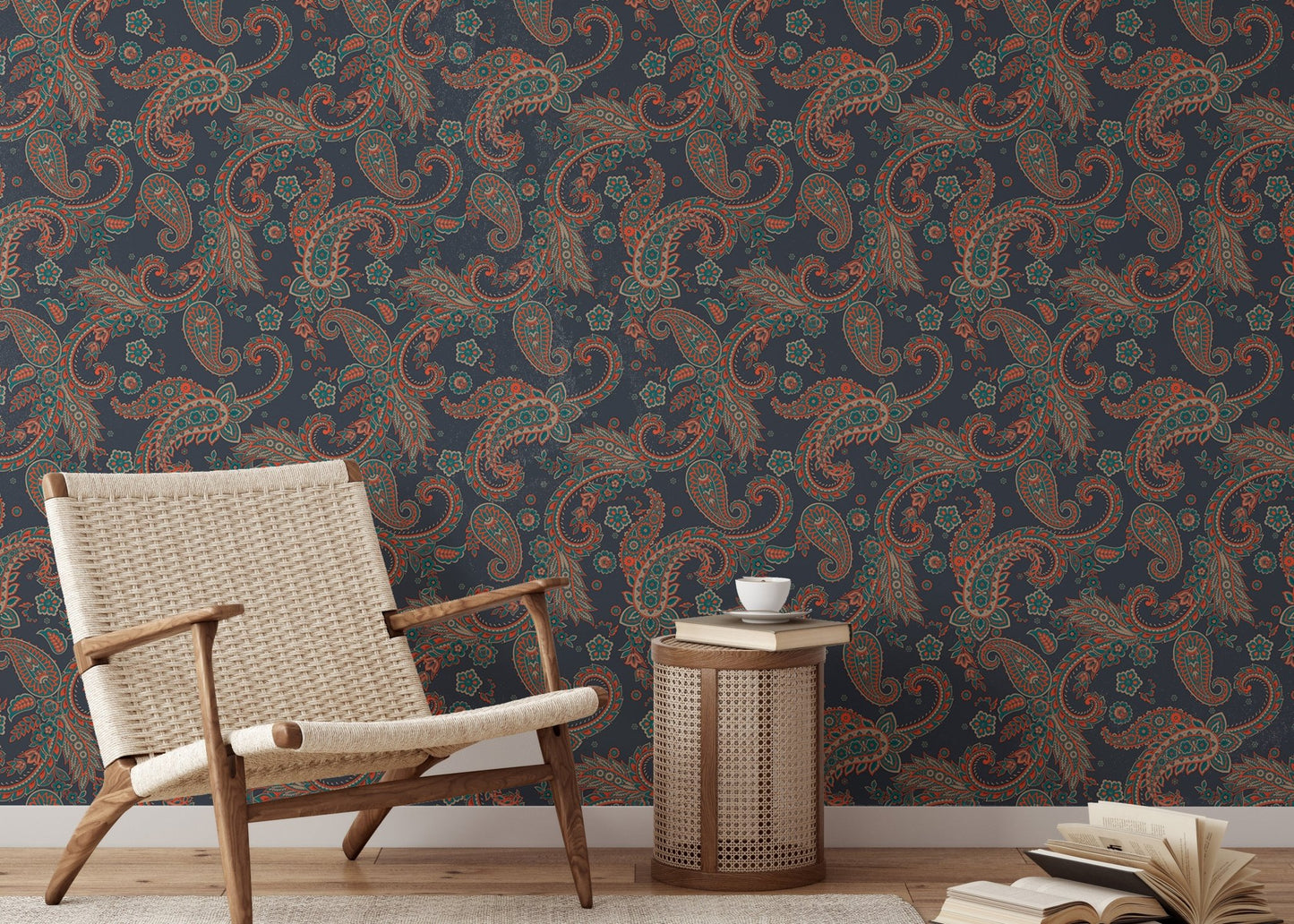 Wallpaper featuring seamless paisley shapes in reading room with a mid-century chair.