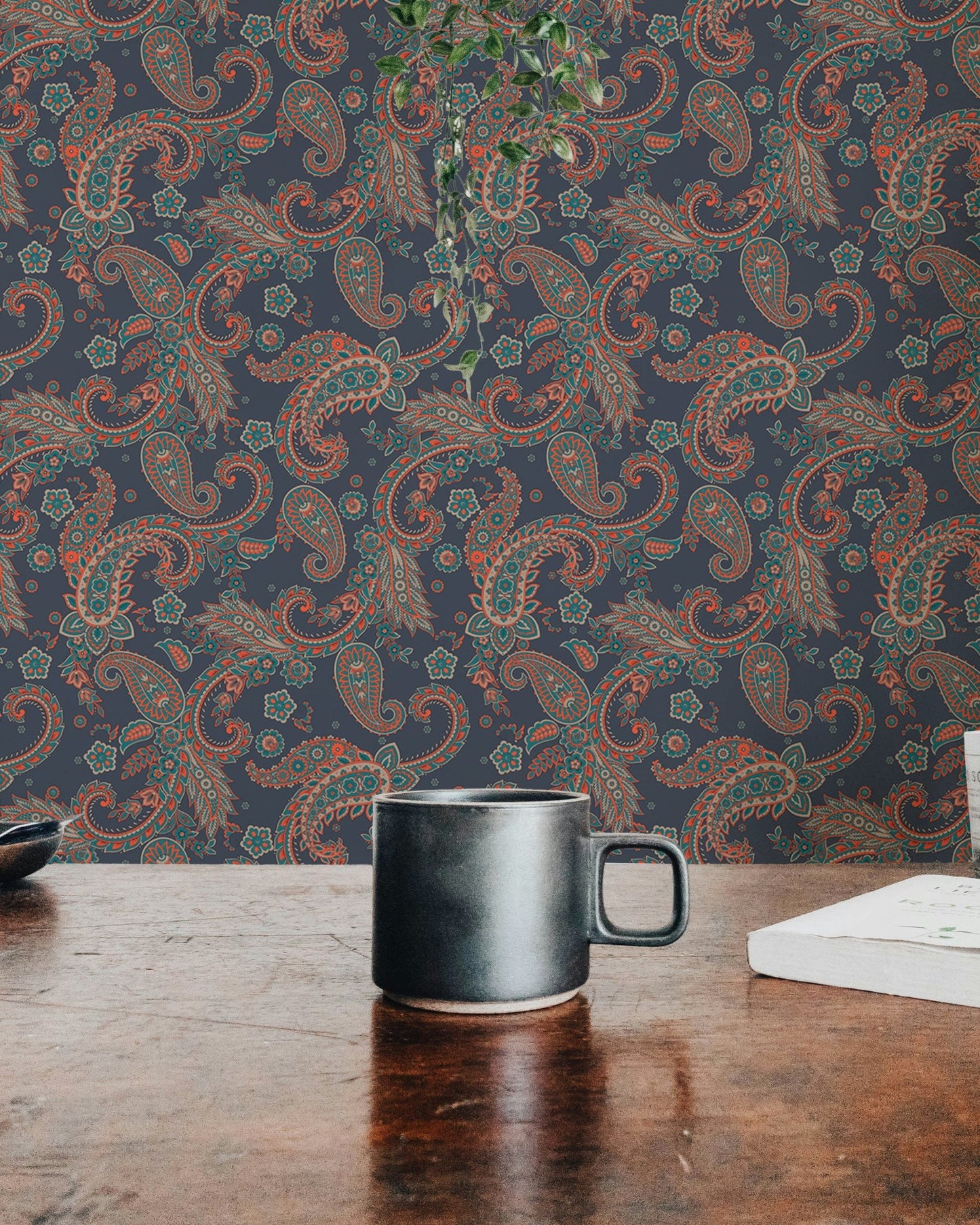 Wallpaper showcasing detailed ethnic patterns on a dark background in a dining room.