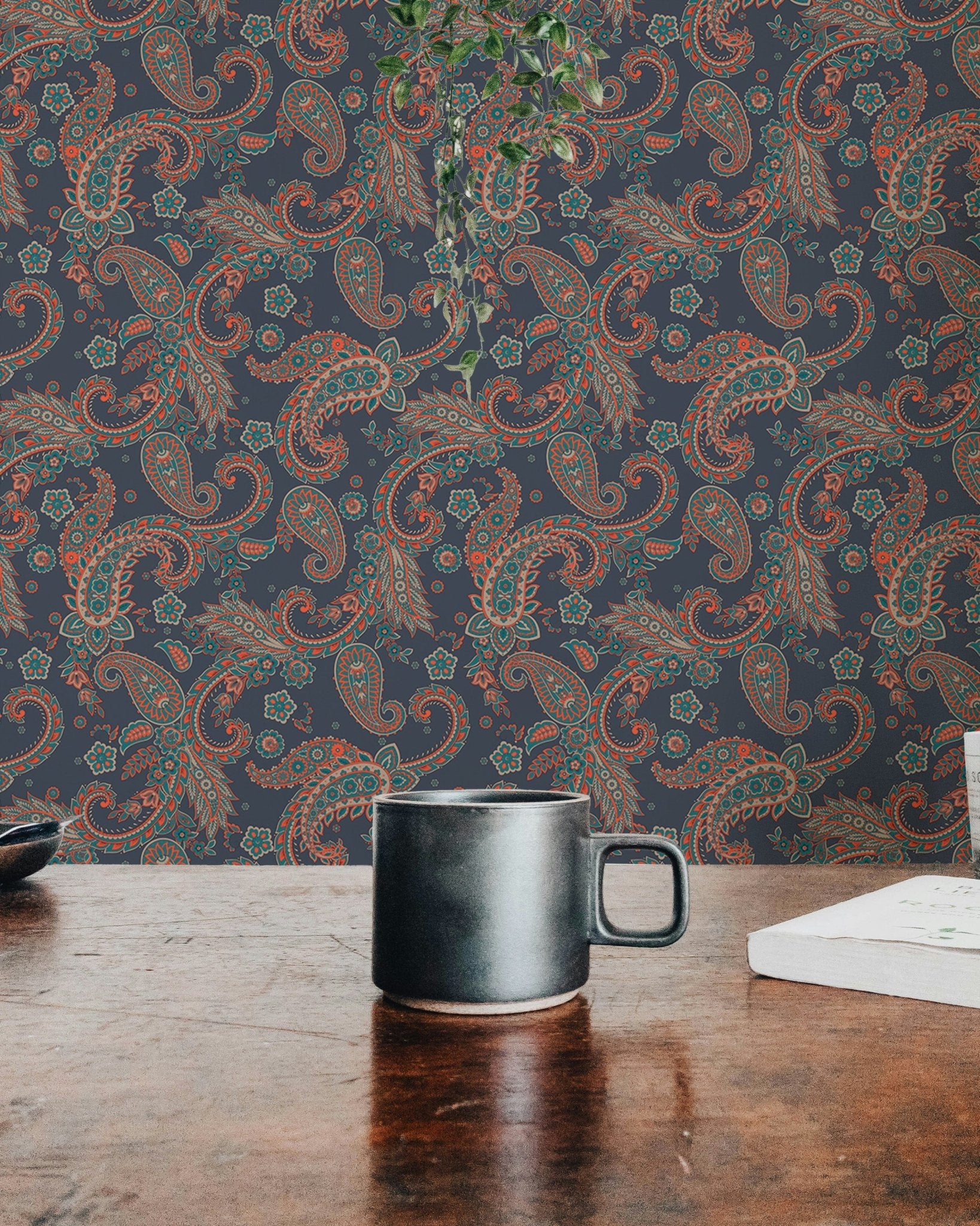 Wallpaper showcasing detailed ethnic patterns on a dark background in a dining room.