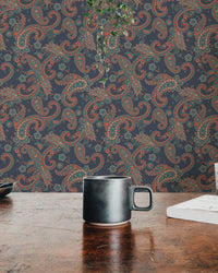 Wallpaper showcasing detailed ethnic patterns on a dark background in a dining room.