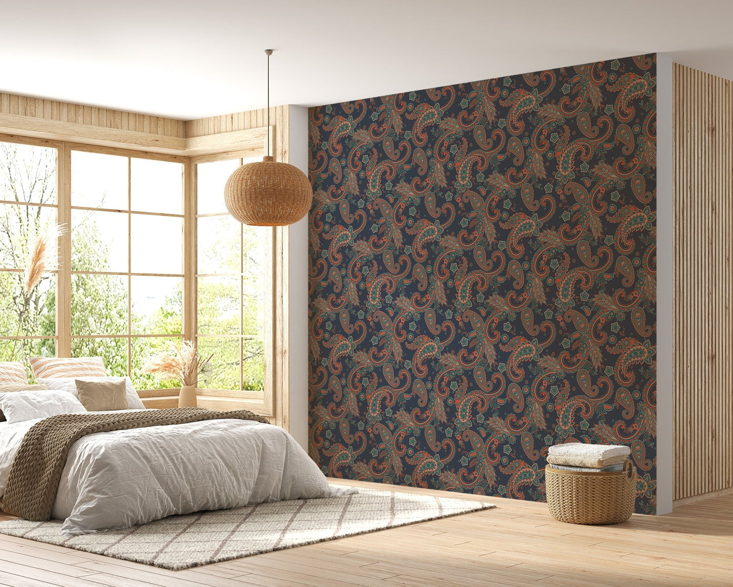 Wallpaper with orange and green kalamkari accents in a bright sunlit bedroom.