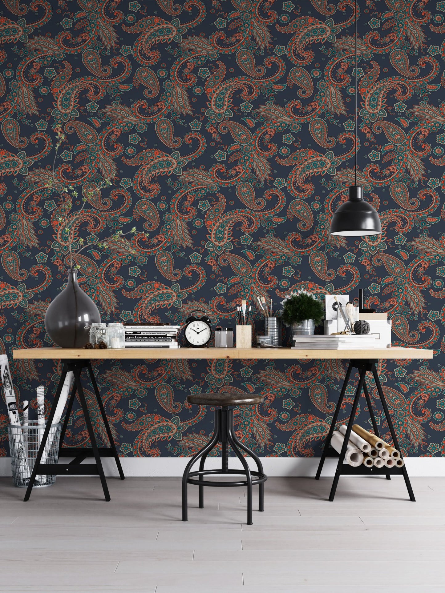 Wallpaper with seamless orange and teal patterns in a home office workstation.