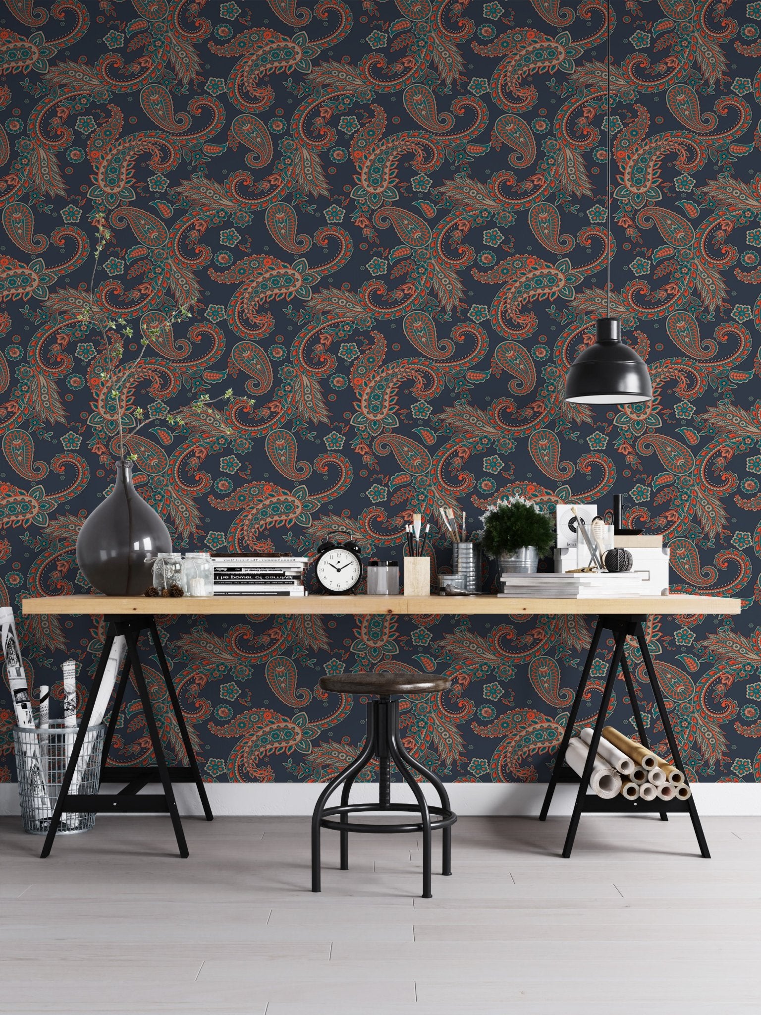 Wallpaper with seamless orange and teal patterns in a home office workstation.