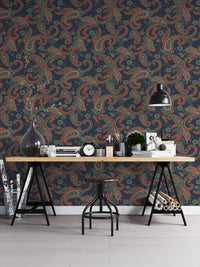 Wallpaper with seamless orange and teal patterns in a home office workstation.
