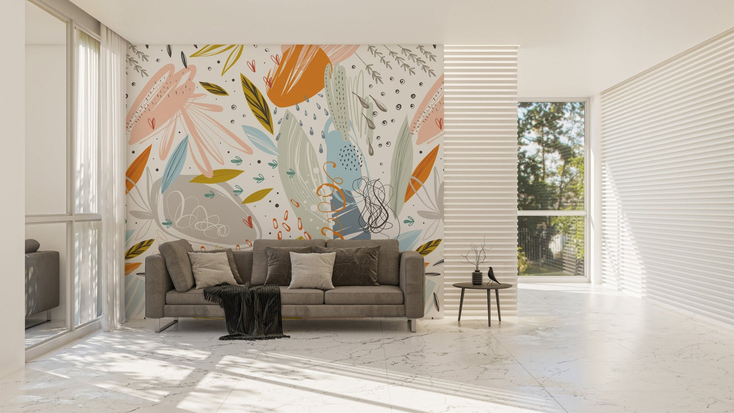 Sleek living space showcasing Colorful Leaf Sketch Wall Murals in daylight.