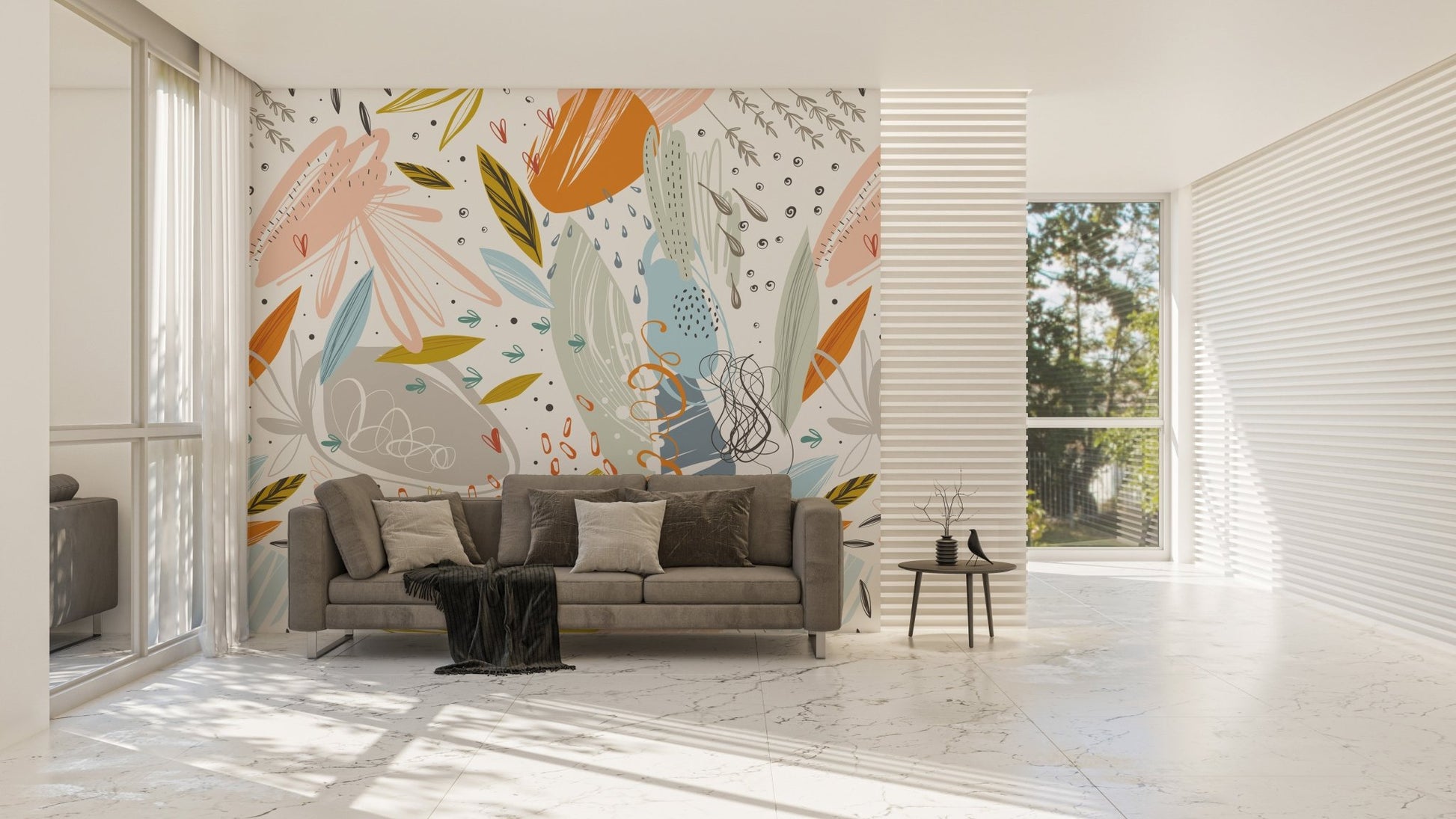 Sleek living space showcasing Colorful Leaf Sketch Wall Murals in daylight.