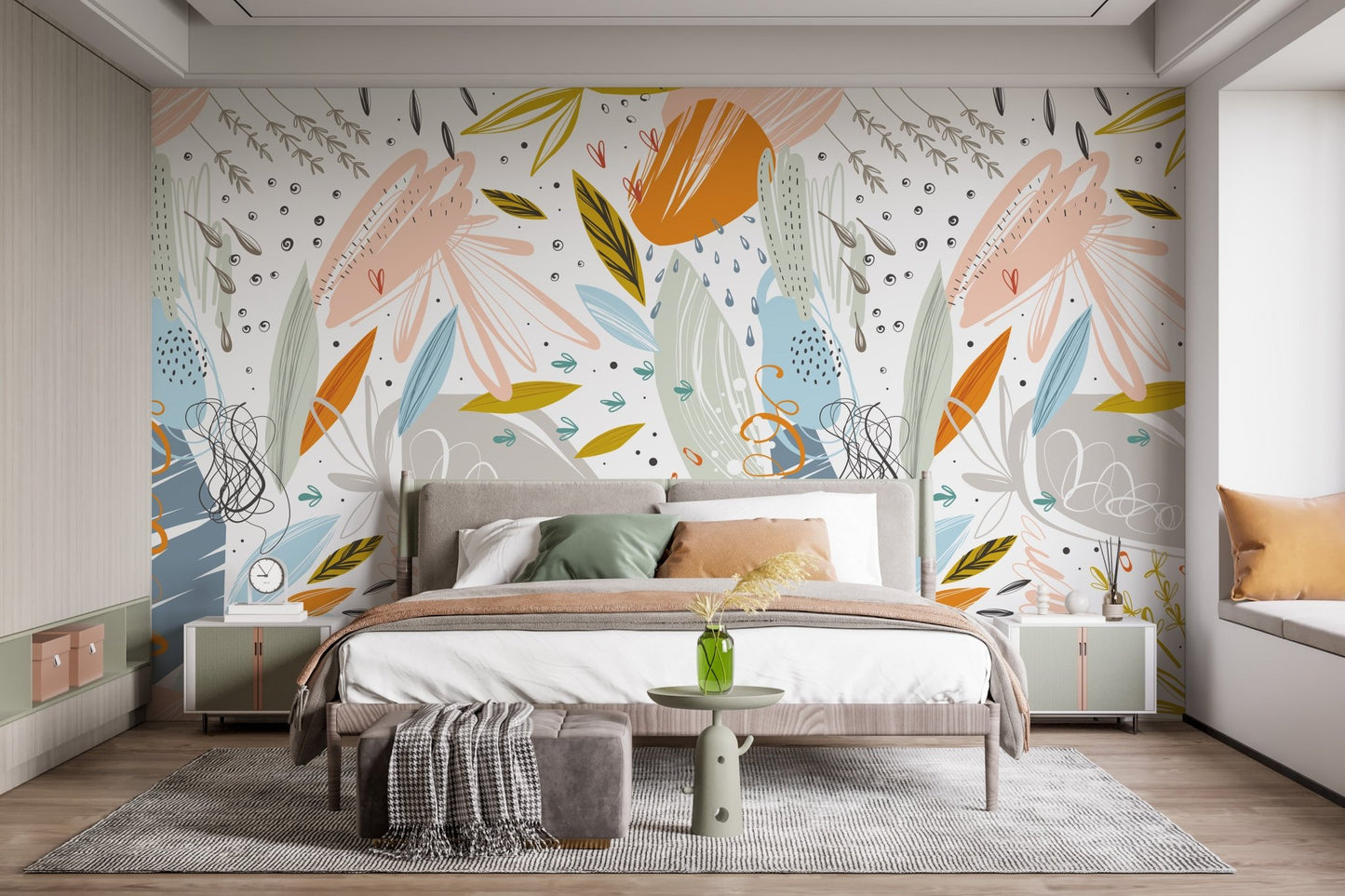 Guest bedroom featuring calming leaf sketch wall mural and white bedding.