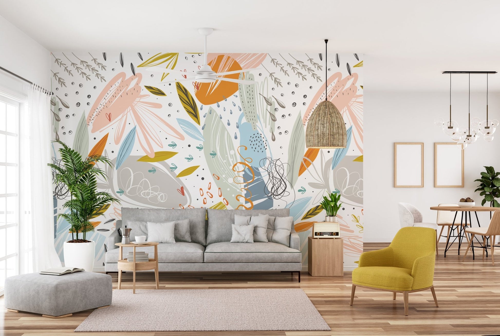 Modern living room with Colorful Leaf Sketch Wall Murals and grey sofa.