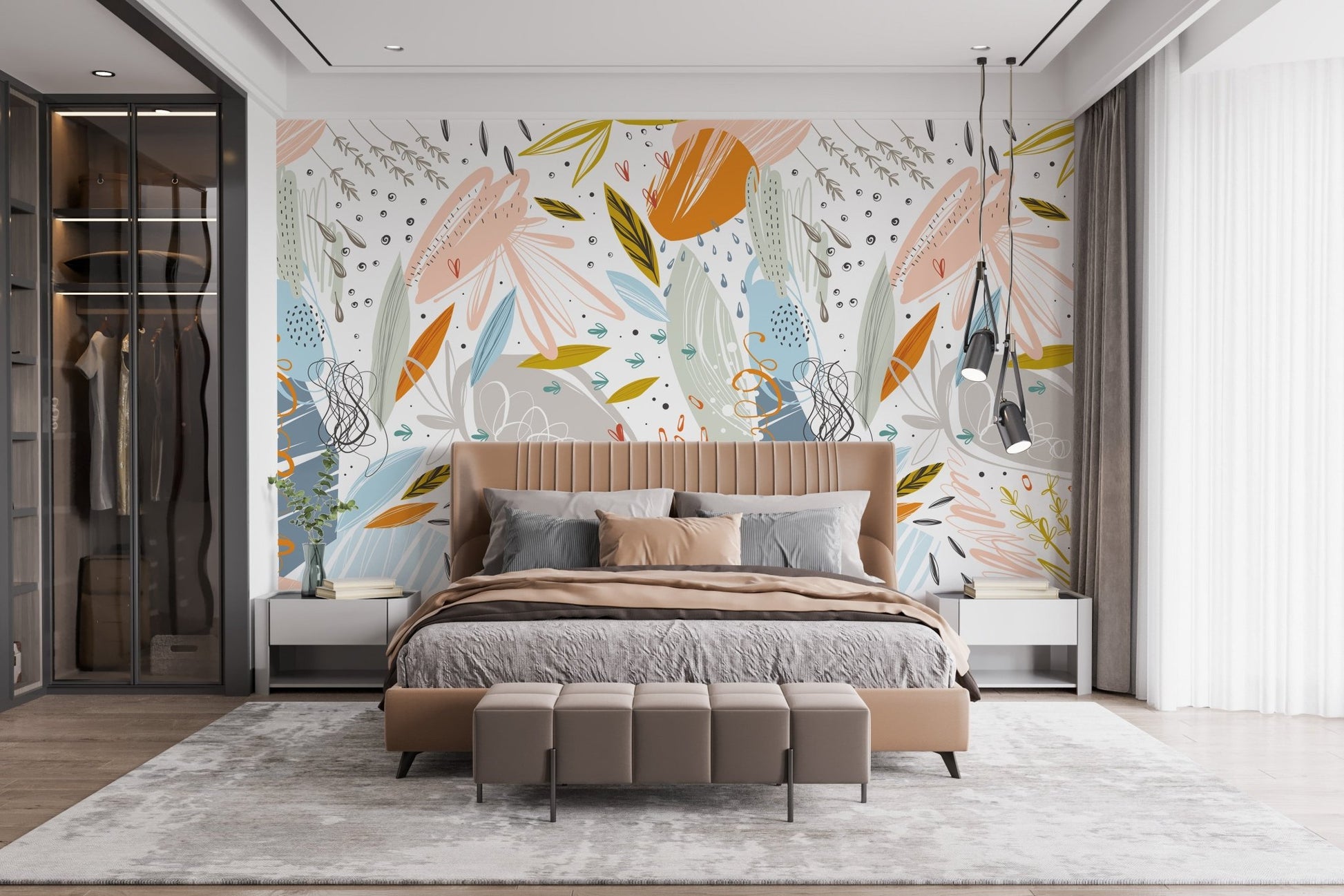 Spacious bedroom design with neutral tones and artistic leaf wall mural.