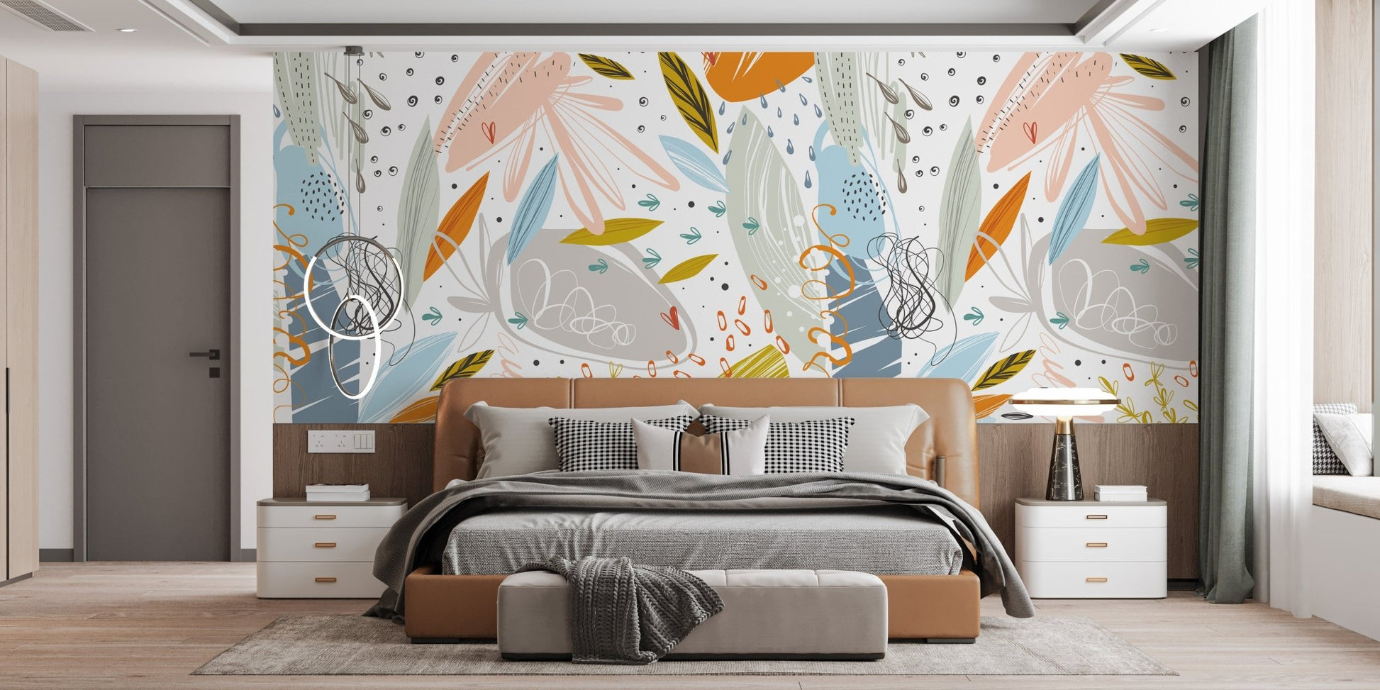 Minimalist bedroom with botanical sketch wall mural as a large feature wall.