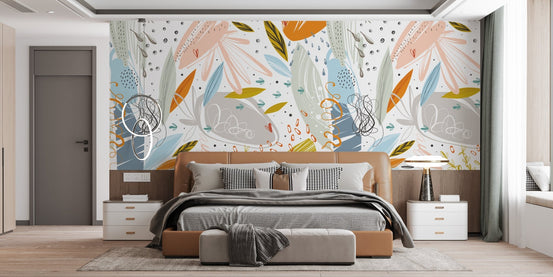 Minimalist bedroom with botanical sketch wall mural as a large feature wall.
