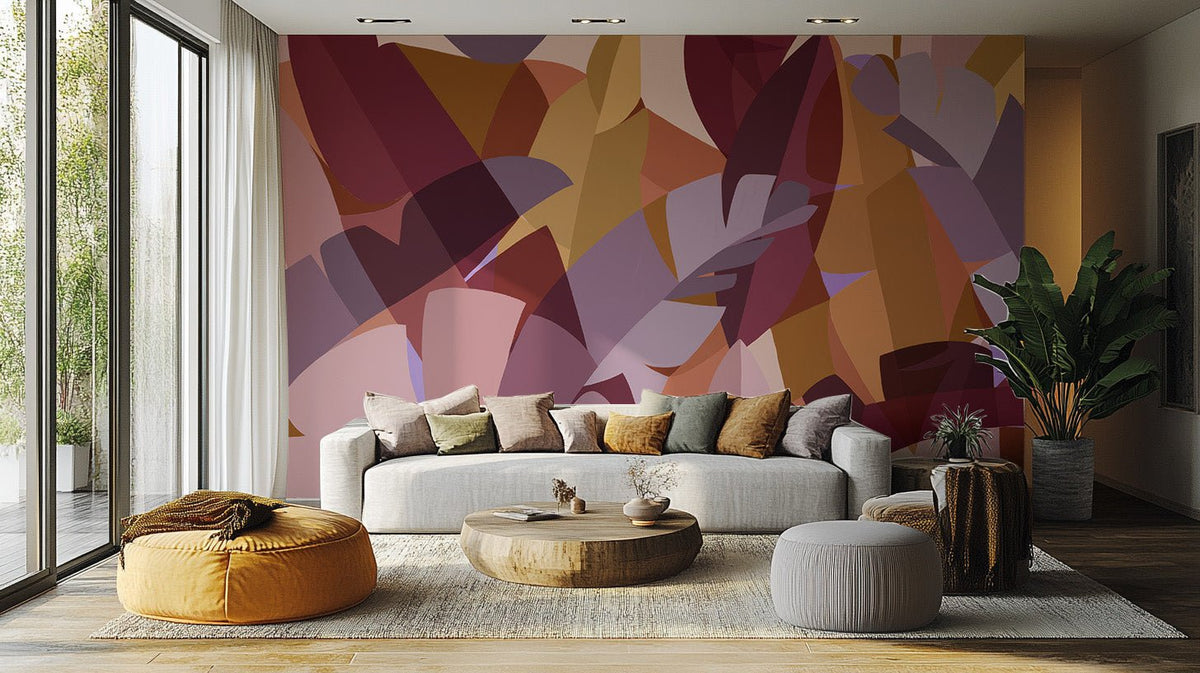 Colorful leaves abstract wallpaper mural with pink and burgundy geometric shapes.