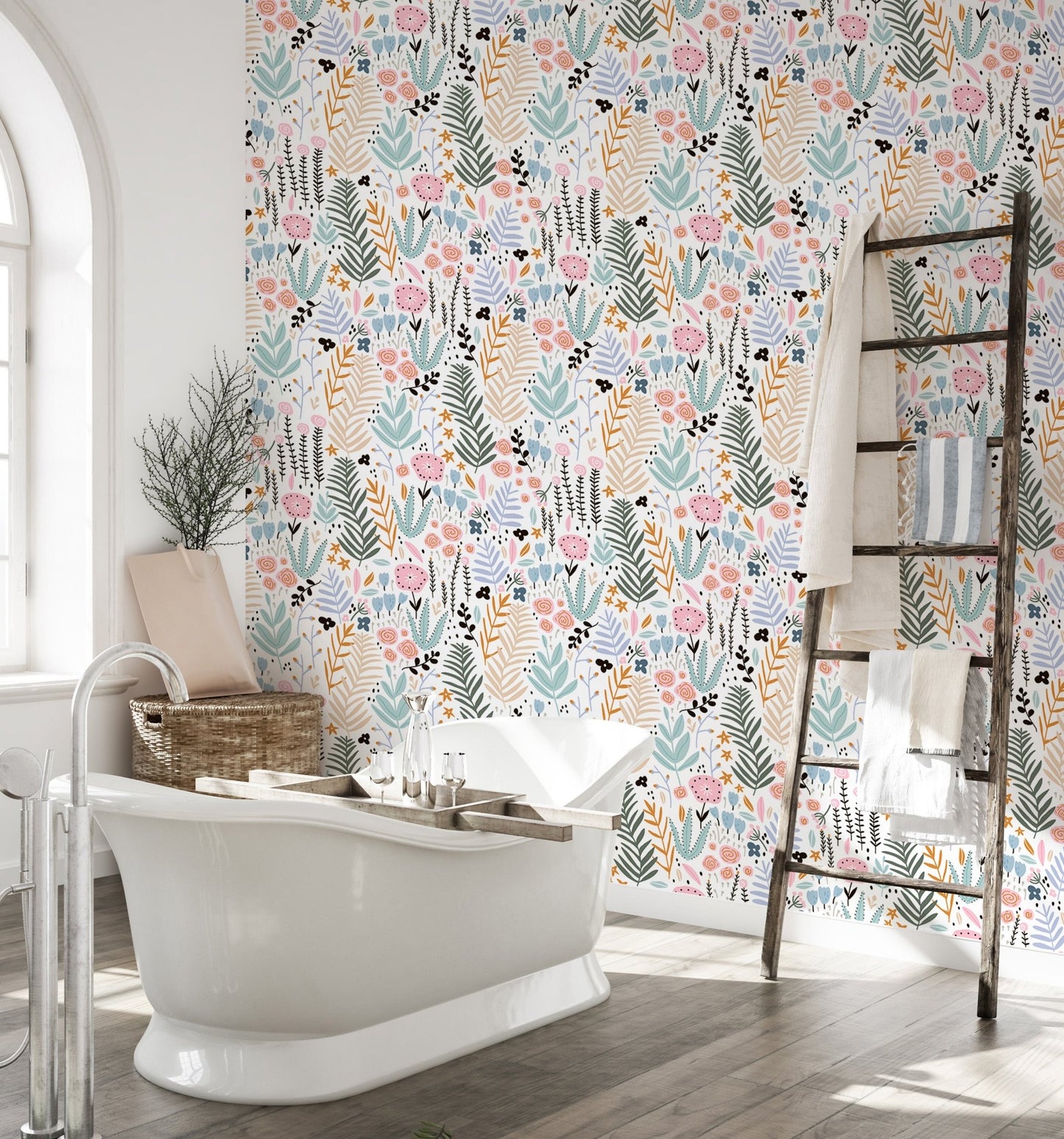 Bathroom with a white bathtub and moisture-resistant floral pattern wallpaper.