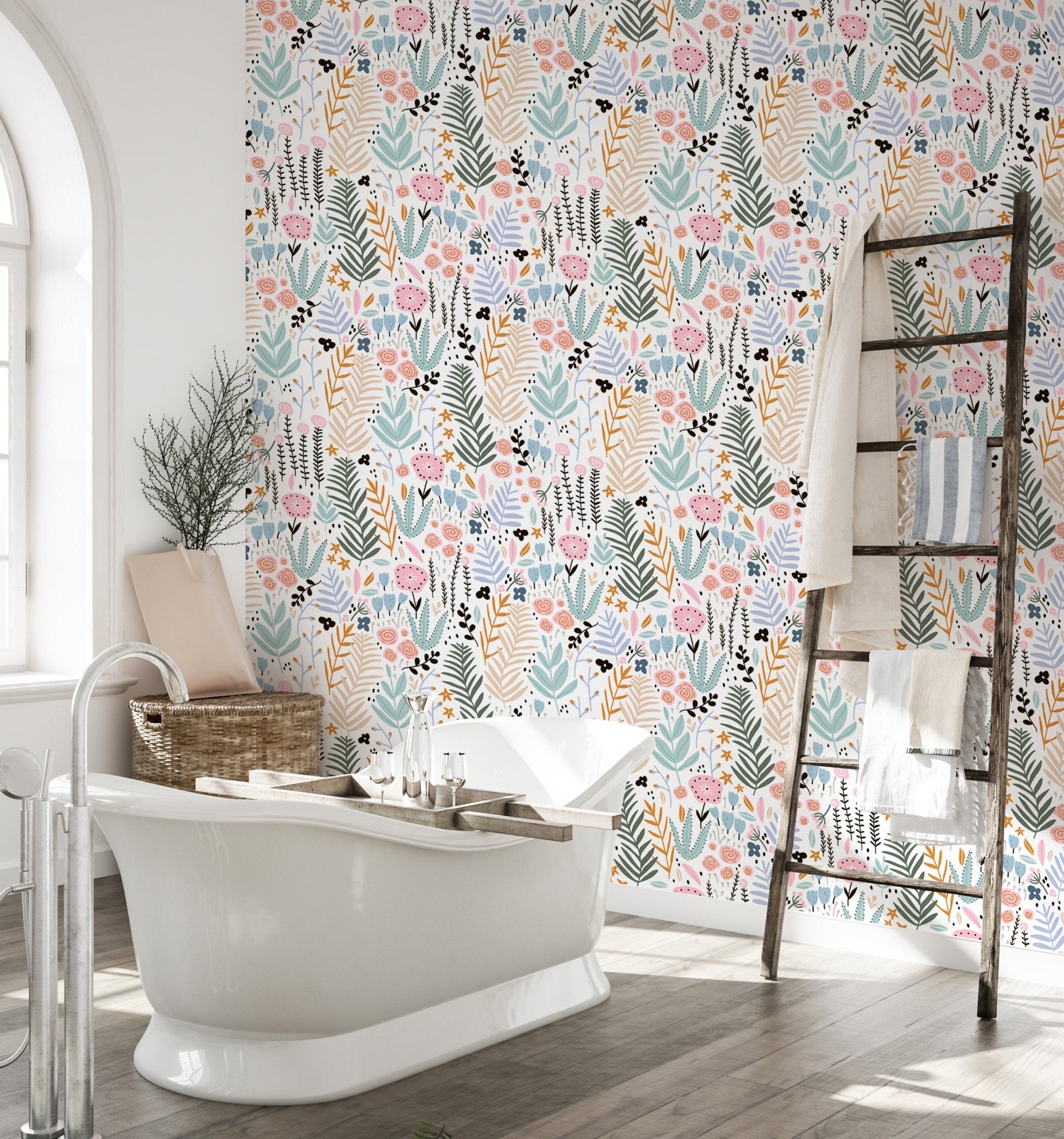 Bathroom with a white bathtub and moisture-resistant floral pattern wallpaper.