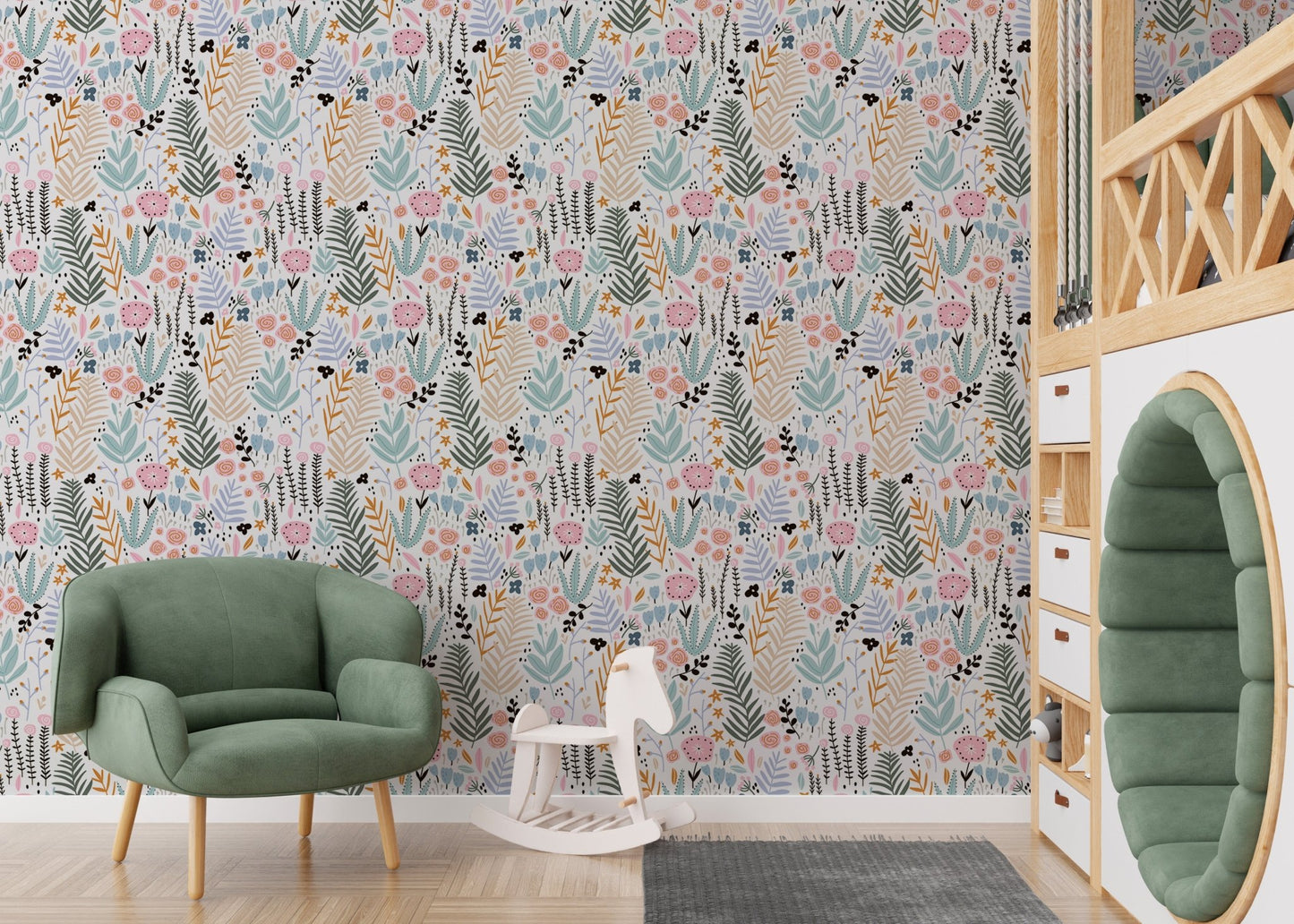 Playroom with a green armchair and floral repeat pattern wallpaper.