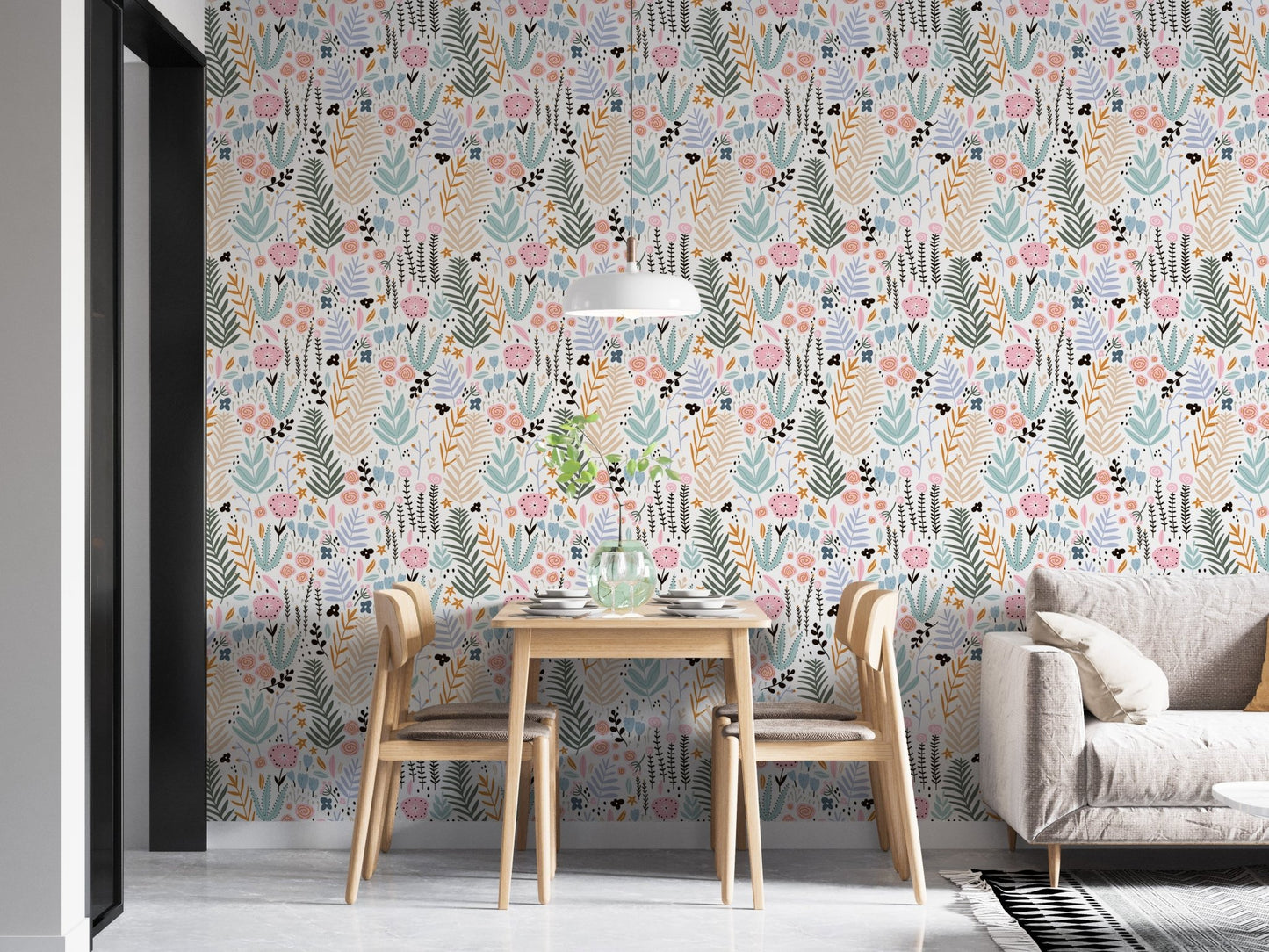 Dining room with wooden furniture and botanical flower print wallpaper in soft colors.