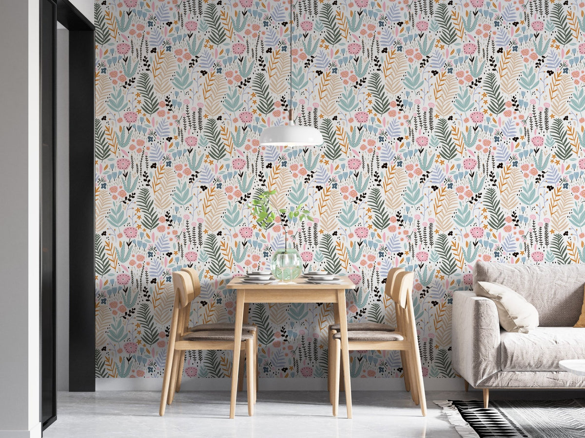 Dining room with wooden furniture and botanical flower print wallpaper in soft colors.