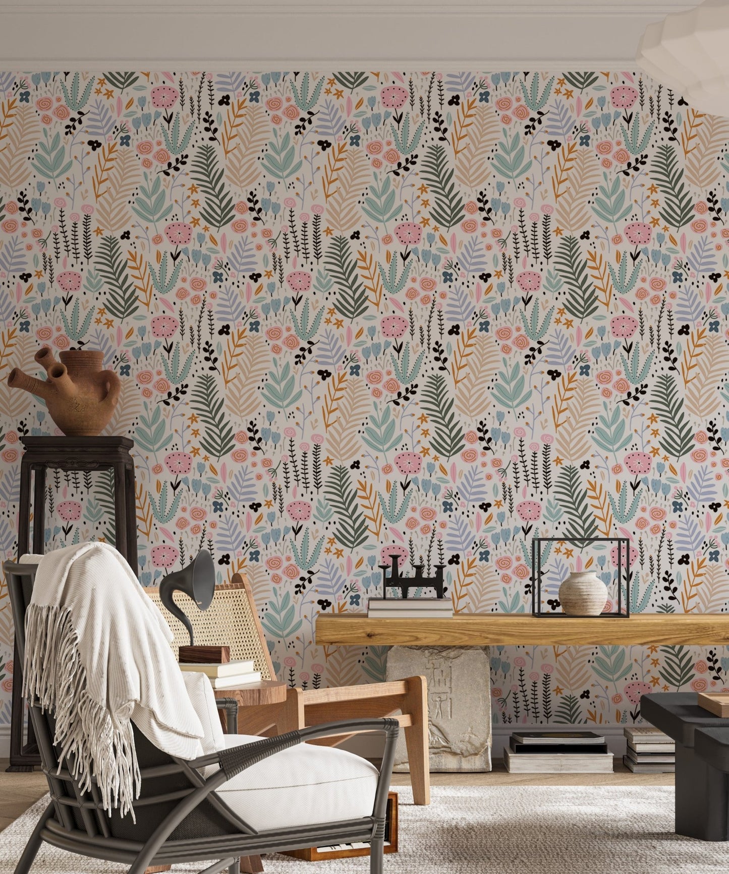 Modern living area featuring a recliner and nature-themed flower pattern wallpaper.