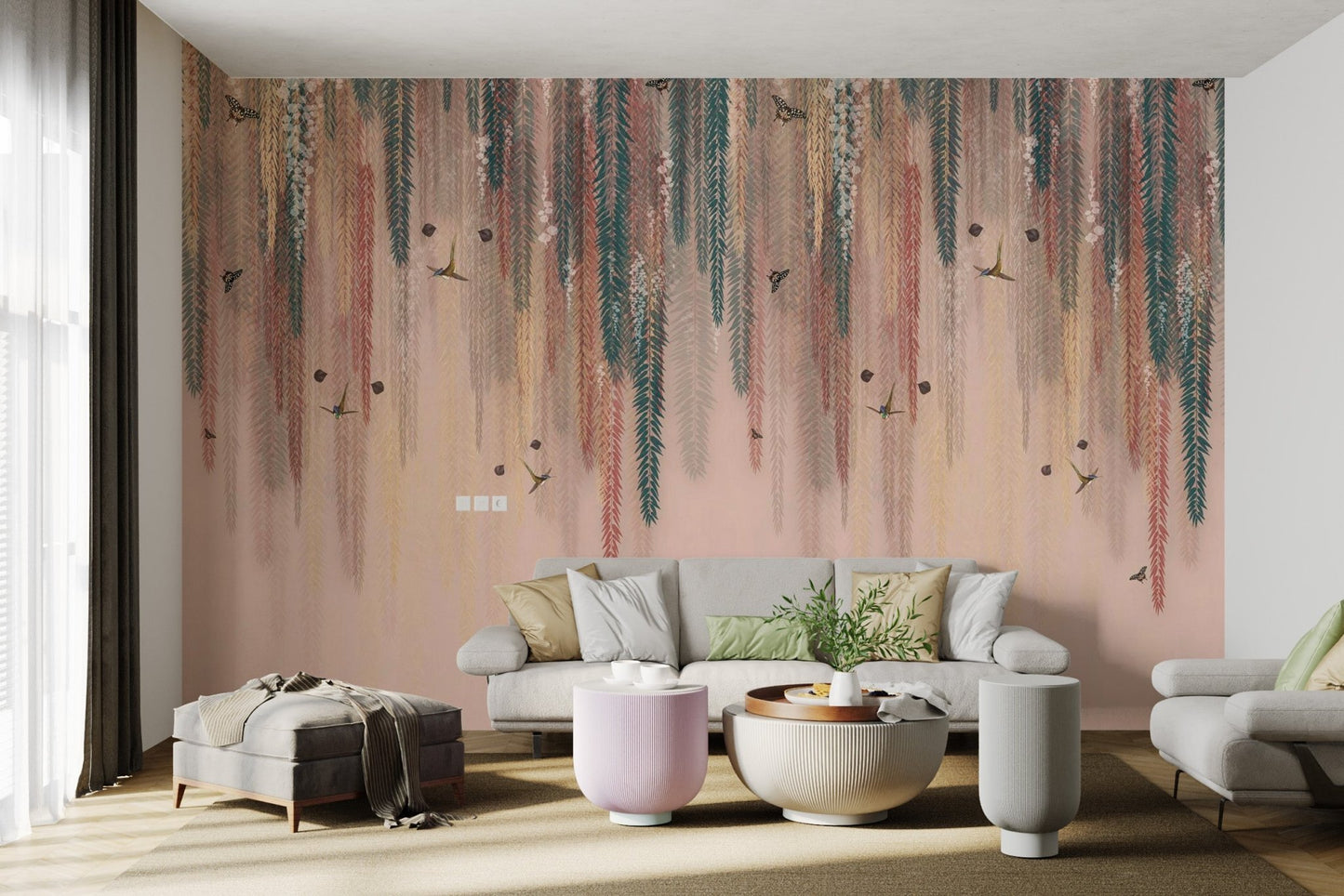 Colorful Leaves Hanging Wall Mural with pink base for living room. 