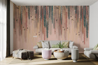 Colorful Leaves Hanging Wall Mural with pink base for living room. 