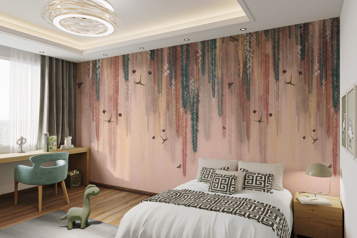 Botanical hanging vines wall mural with flying birds for kids bedroom.