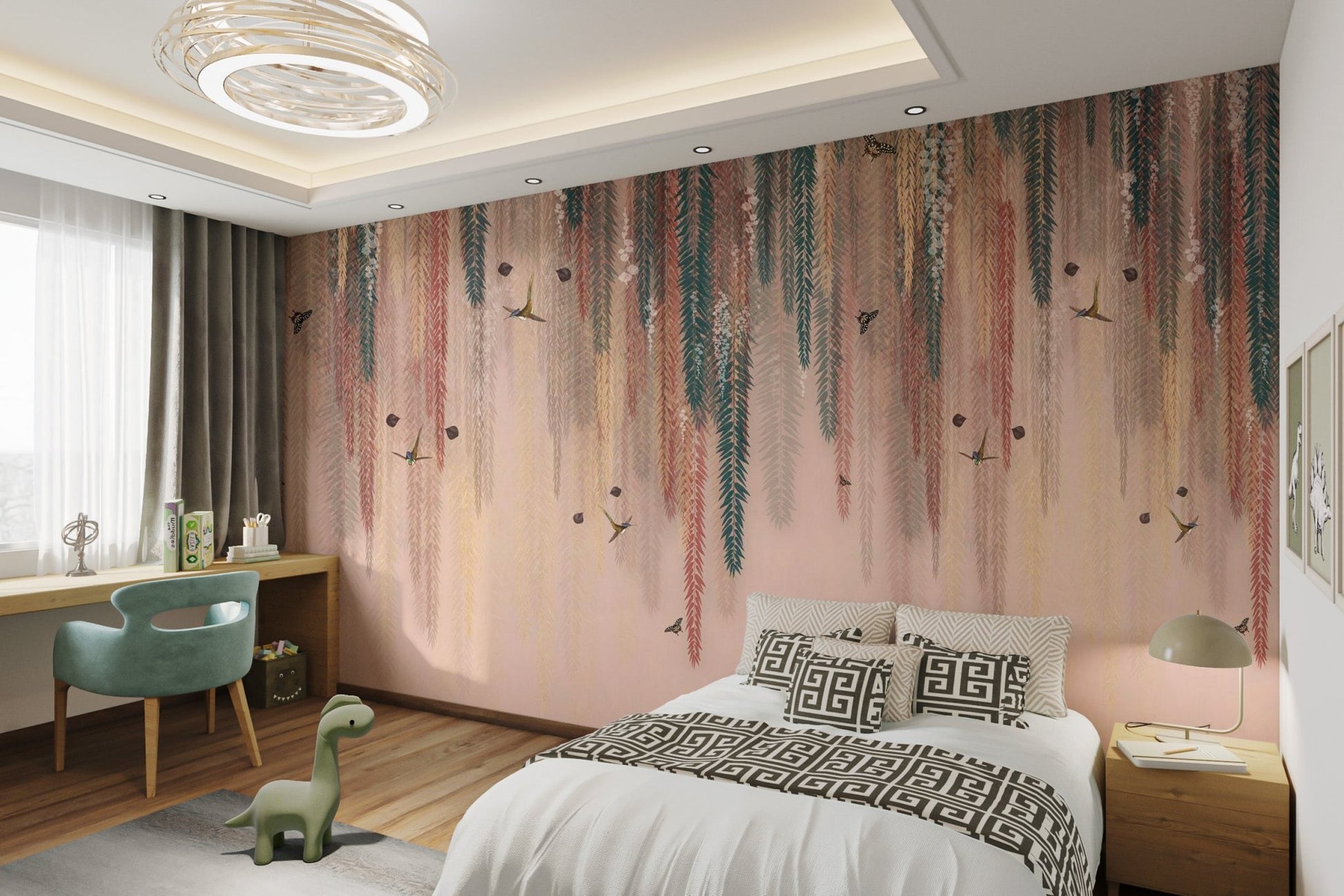 Botanical hanging vines wall mural with flying birds for kids bedroom.