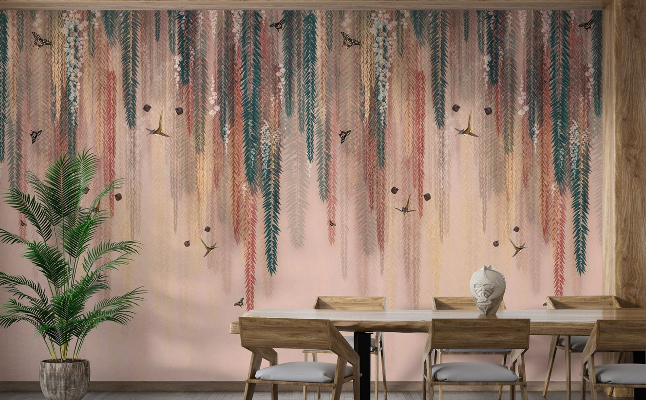 Colorful Leaves Hanging Wall Mural featuring butterflies for dining room.