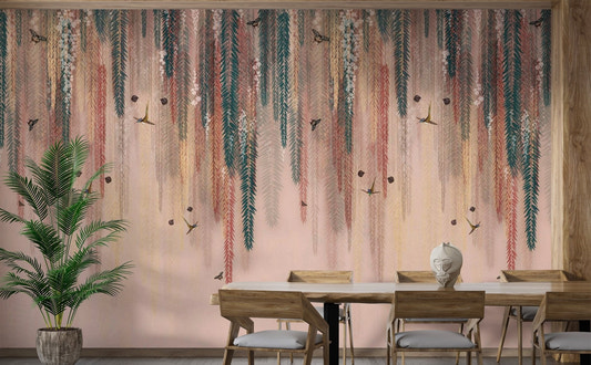Colorful Leaves Hanging Wall Mural featuring butterflies for dining room.