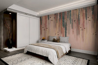 Teal and gold cascading foliage wall mural for contemporary bedroom.
