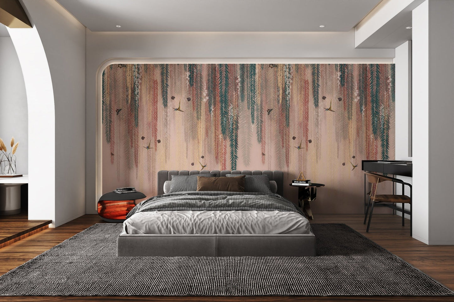 Colorful Leaves Hanging Wall Mural in soft peach tones for bedroom 