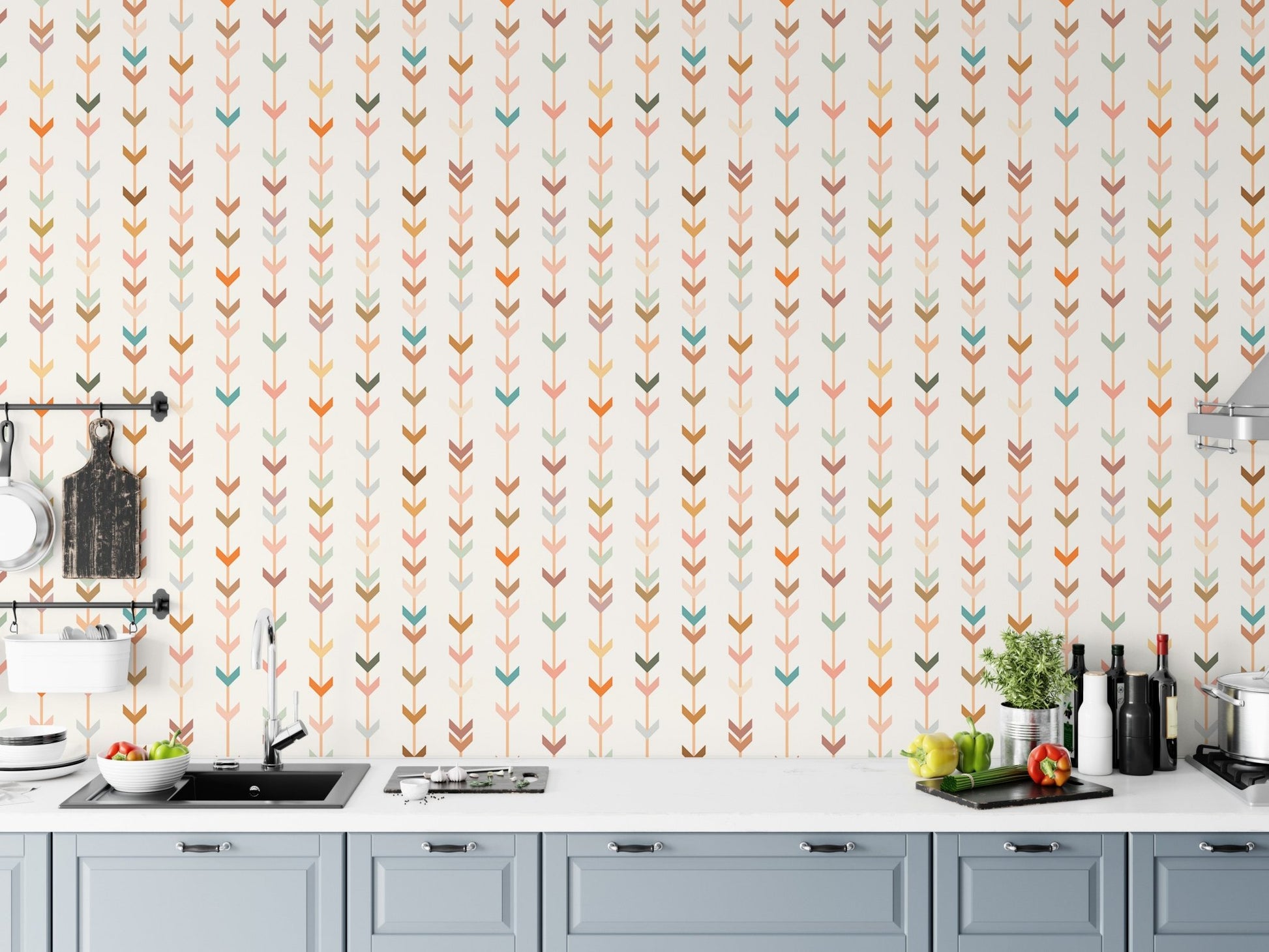 Kitchen backsplash area featuring colorful line elements geometric wallpaper above a counter.