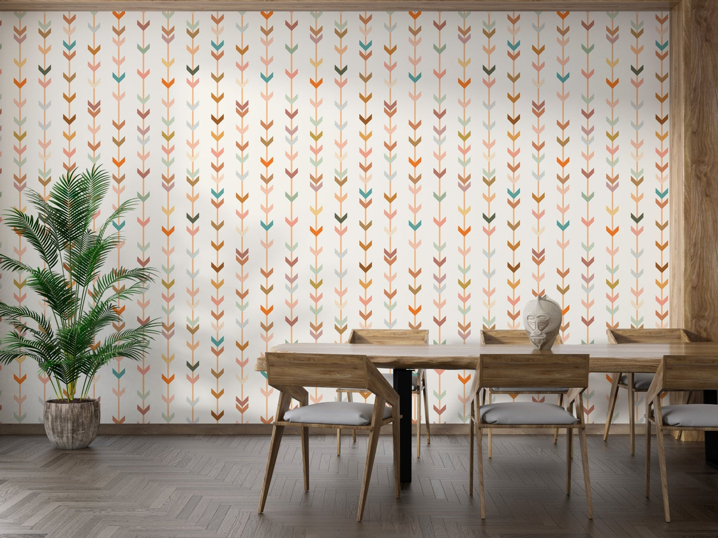 Dining room wall decorated with colorful line elements geometric wallpaper and wooden table.
