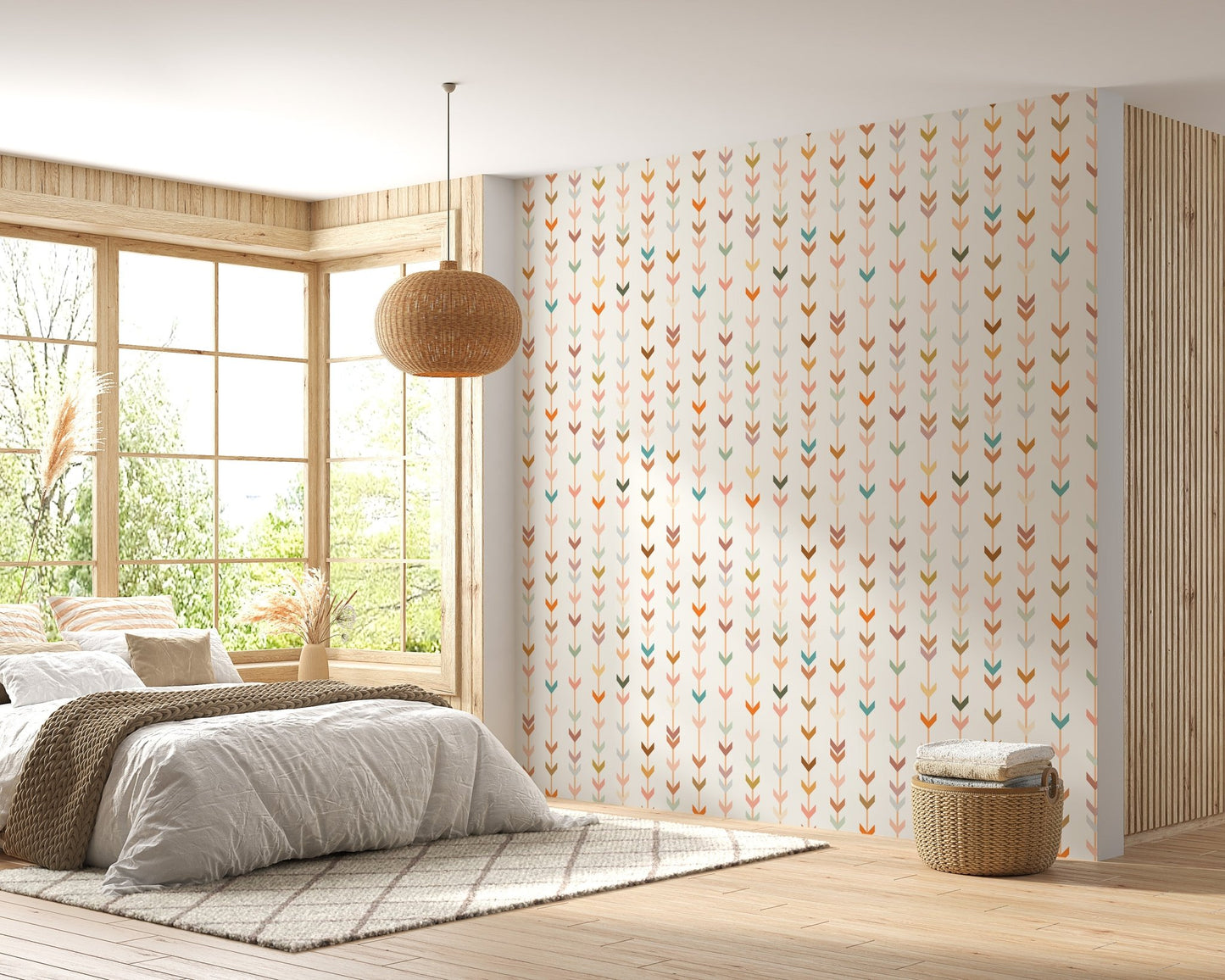 Minimalist bedroom featuring colorful line elements geometric wallpaper on a large wall.