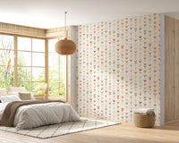 Minimalist bedroom featuring colorful line elements geometric wallpaper on a large wall.