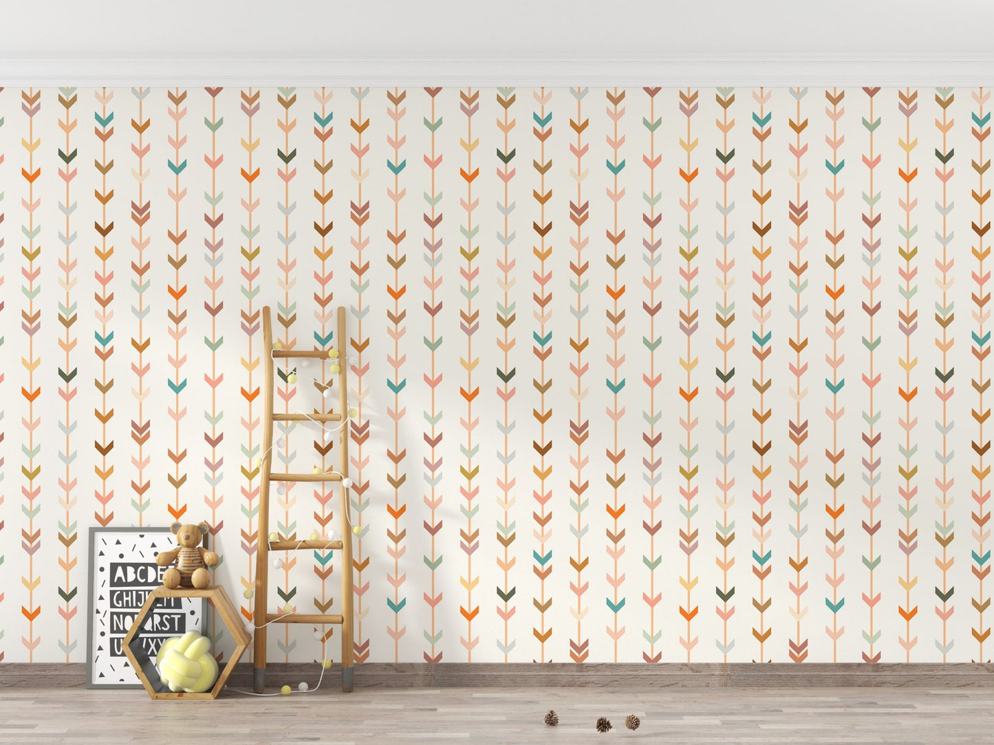 Kids play area with geometric wallpaper and a wooden ladder leaning on the wall.