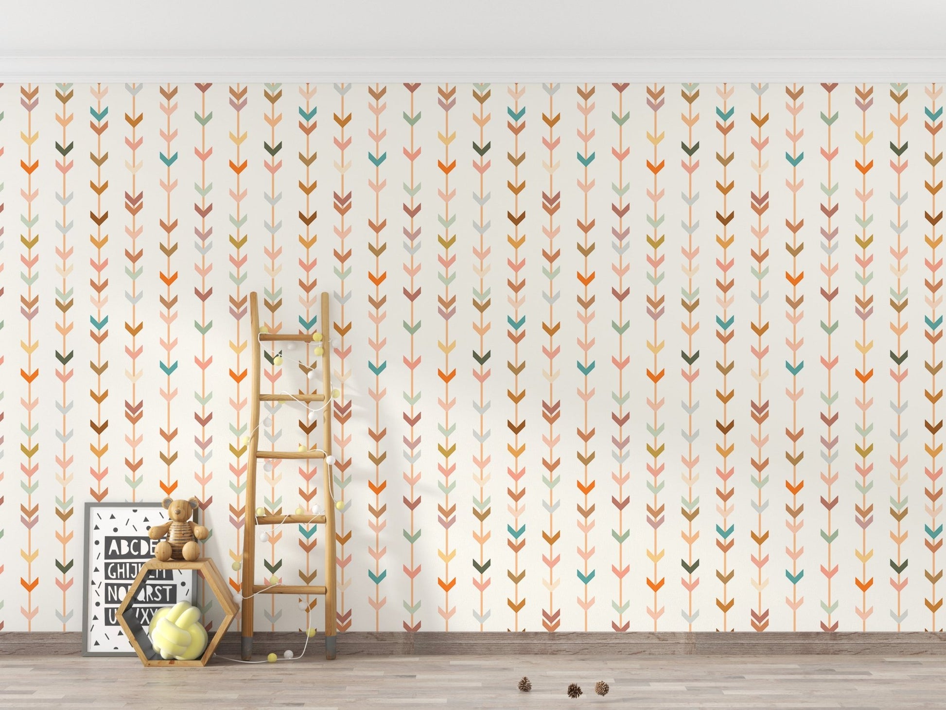 Kids play area with geometric wallpaper and a wooden ladder leaning on the wall.